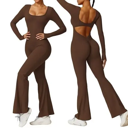 Produktbild: Dihope Langarm Jumpsuit Damen Flared Eng Einteiler Sport Bodysuit Scrunch Butt Overall V Back Ganzkörperanzug Yoga One Piece Workout Fitness(Braun,M)
