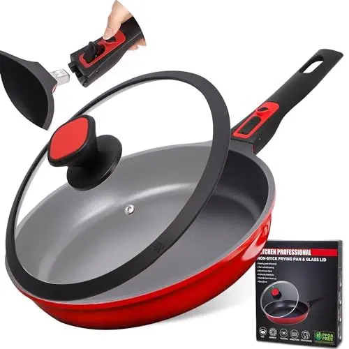 Produktbild: diig Antihaft Pfanne 28cm, Bratpfanne Flachpfanne mit Deckel, Aluminium Gusspfanne mit abnehmbarem Stiel, backofenfest, anthrazit Chefkochpfanne, für Induktion und alle Herdarten, Juwelenrot