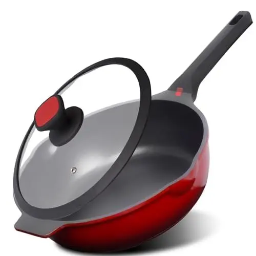 Produktbild: diig Bratpfanne mit Deckel, 30cm/5L Wokpfanne Antihaft Pfanne Aluminiumguss Flachpfanne Sauteuse Für alle Herdarten inklusive Induktion, Juwelenrot