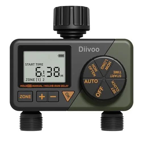 Produktbild: Diivoo Bewässerungscomputer 2 Ausgänge, Wasser Zeitschaltuhr mit Regenverzögertem/Manuellem & Automatischem Modus, Flexibler Bewässerungsfrequenz- Bewässerungsuhr, Bewässerung Zeitschaltuhr für Garten