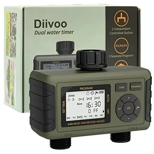 Produktbild: Diivoo Bewässerungscomputer mit 2 unabhängige Ausgängen, 6 Separate Programme, Automatischer/Manueller Garten Bewässerungsuhr für die Bewässerung Bewässerungssteuerung für Garten und Gewächshaus