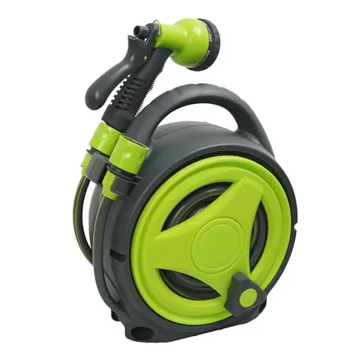 Produktbild: Diivoo Schlauchtrommel Gärten, Kompakte und tragbare Schlauchtrommel 10M mit Multifunktions-Sprühdüse, müheloses Aufrollen, Mini-Schlauchtrommel-Set für Garten und Terrasse, Balkone, Camping