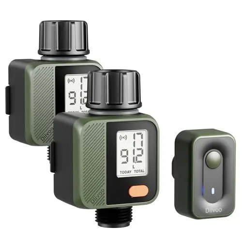 Produktbild: Diivoo Smarte Wasserdurchflussmesser mit WLAN-Hub, Digitaler Schlauchwasserzähler mit 4 Messmodi, IP55 Liter/Gallone Gartenwasserzähler für Schlauchgewinde, 2er-Pack
