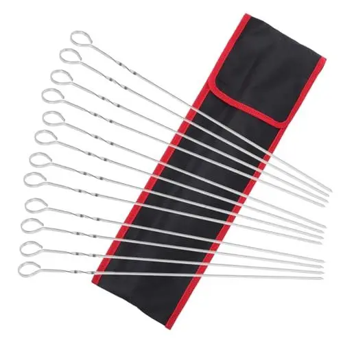 Produktbild: DIKACA 12 Stück Grillspieße Fleisch Bratenstab Langer Grill Flachspieße Barbecue Schaschlikspieße Grillspieß Tasche Grillspieße Grillzubehör Grillspieße Grillspieße Silbertuch