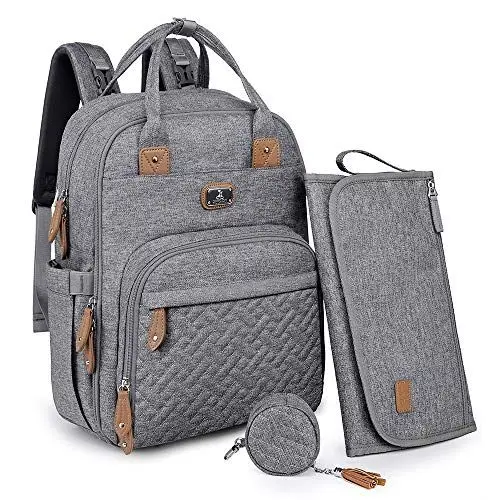 Produktbild: Dikaslon Wickeltasche Rucksack – Großer Wickelrucksack mit viel Stauraum, Wickeltasche groß mit Schnullerhalter, Wickelauflage & Kinderwagengurten – für Mama & Papa (Grau, Einheitsgröße)