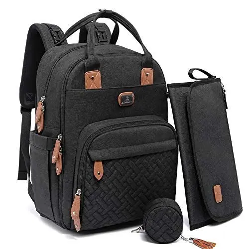 Produktbild: Dikaslon Wickeltasche Rucksack – Großer Wickelrucksack mit viel Stauraum, Wickeltasche groß mit Schnullerhalter, Wickelauflage & Kinderwagengurten – für Mama & Papa (Schwarz, Einheitsgröße)