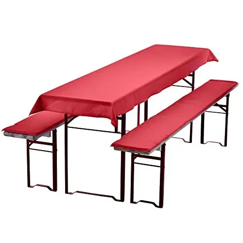 Produktbild: DILUMA Auflagenset für Bierzeltgarnitur Uni Biertischdecke 240 x 70 cm (für 220 x 50 cm Biertische) + 2 gepolsterte Bierbankauflagen 220 x 25 cm, Farbe:Rot