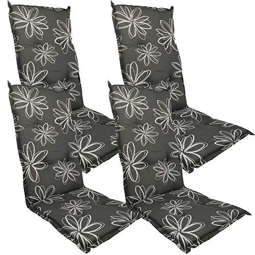 Produktbild: DILUMA Hochlehner Auflage Naxos für Gartenstühle 118x49 cm 4er Set Blume Schwarz - 6 cm Starke Stuhlauflage mit Komfortschaumkern und Bezug aus Baumwoll-Mischgewebe - Made in EU mit ÖkoTex100