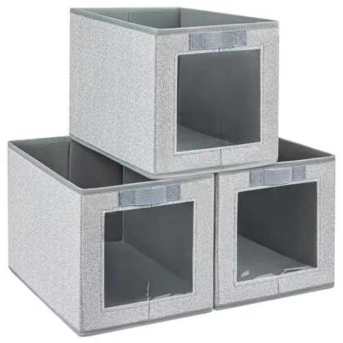Produktbild: DIMJ 3 Stück Aufbewahrungsboxen, Faltbox mit Transparentem Sichtfenster Faltbare Aufbewahrungskiste mit Schlaufe für Kleiderschrank, Kleidung, Bücher, Kosmetik, Spielzeug usw. (Nebliger Grau)