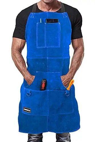 Produktbild: DIMWELD Schweißerschürze aus Leder für Männer. Flammhemmende Thermoschürze zum Schweißen in der Werkstatt. Einstellbare Schutzkleidung mit 6 Werkzeugtaschen - Blau