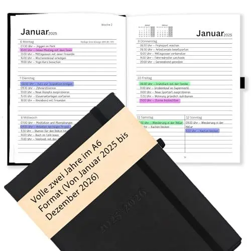Produktbild: DIN A6 Terminplaner Jan 2025 – Dez 2026 2-Jahres-Kalender auf Deutsch, Terminkalender Wochen-Planer, Agenda & Organizer, Wochenkalender Buchkalender mit Kunstleder-Hardcover & 120 g/m² Papier