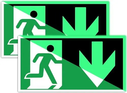 Produktbild: DinAliX 2 Stück Notausgangsschild nachleuchtend Pfeil nach Unten | 300x150mm VINYL Notausgangsschild Selbstklebend | Entsprechend ISO DIN 7010 / DIN 67510