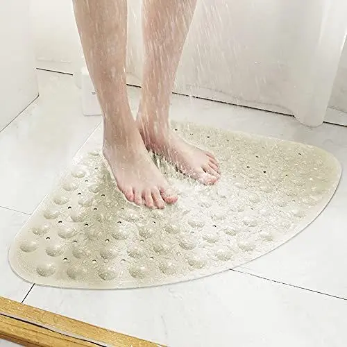 Produktbild: DINGC Eck-duschmatte rutschfest PVC Duschmatte, Viertelkreis Badematten mit Saugnapf und Ablauflöchern, Groß Duschwannenmatte 54x54cm für Dusche Dreieckiges Badezimmer oder Badewanne Massage(Beige)