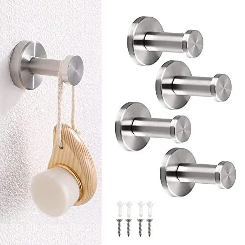 Produktbild: DINGFENG 4 Stück Handtuchhaken Zum Bohren，Edelstahlhaken, 50 mm Handtuchhaken, Badlappenhaken, Kleiderbügelhaken, Kleiderhaken aus Edelstahl 304, geeignet für die Installation in Küche