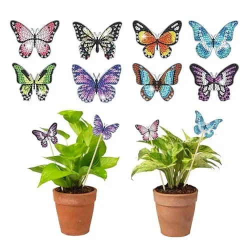 Produktbild: DINGFENG 8pcs Schmetterling Diamond Painting Bastelset, Diamond Painting Art, Tolle Garten Dekoration Basteln Für 6 7 8 9 10 11 12 Jahre Mädchen Kinder und Erwachsene Geschenk