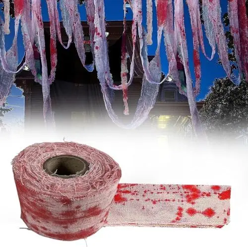 Produktbild: DINGFENG Halloween Blutverband Blutige Gaze Deko Mull Requisiten Urlaubstricks Spukhaus Zubehör Tricks Blutverbandrolle Room Escape Themenset Horror Dunkle Maskerade (rot und weiß, 10M)