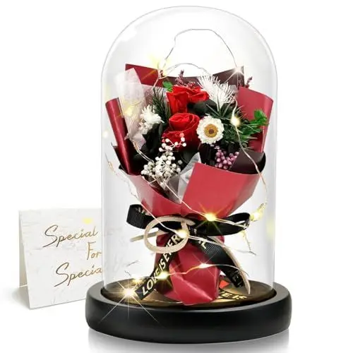 Produktbild: DINGHENG Geschenk für Frauen, Ewige Rose im Glas mit LED, Rote Rose Blumenstrauß, Dekoration für Zuhause, Langlebige Echte Blumen für Mama, Freundin, Ehefrau, Oma (Rot)