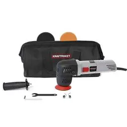 Produktbild: Dino KRAFTPAKET 640245 12mm-710W Exzenter Poliermaschine stufenlos im Set mit 74mm-Stützteller 2 x Polierpad-75mm Polierschwamm Tasche für Auto KFZ Boot Heimwerker, Grau