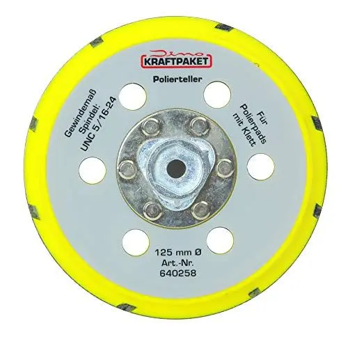Produktbild: Dino KRAFTPAKET 640258 125mm-Stützteller-M8 mit Klett Polierteller für Exzenter Poliermaschine 950W-21/15mm, 900W-21/15/9mm Hub, Gelb