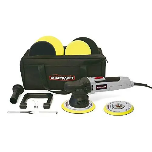 Produktbild: Dino KRAFTPAKET 9mm-650W Exzenter Poliermaschine für Auto Boot KFZ im Set mit Stützteller Polierpads und Tasche, 125mm+150mm, Grau