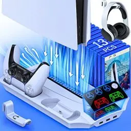 Produktbild: DinoFire PS5 Ständer mit PS5 Lüfter, PS5 Standfuß für PS5 Disc/Digital Edition, 13 Spiele Lagerung/PS5 Controller Ladestation/PS5 Fernbedienung Solt/3 USB Hub, PS5 Zubehör für Playstation 5 Konsole