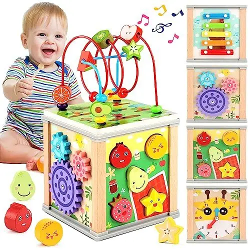 Produktbild: DINORUN Holzspielzeug ab 2 Jahr Motorikwürfel Montessori Spielzeug ab 2 Jahr Motorikspielzeug Xylophon Motorikschleife Lernspielzeug Geschenk Baby Spielzeug 2 3 4 Jahre