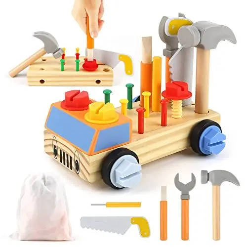 Produktbild: DINORUN Werkzeug Kinder Montessori Spielzeug ab 3 4 5 Jahre，Kinderwerkzeug Holzspielzeug Motorikspielzeug mit Aufbewahrungstasche, Geschenk Kinderspielzeug für Mädchen Junge