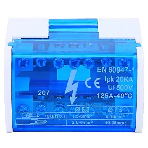 Produktbild: Elektrische Verteilerdose,DIN-Schienenstromblock 100A Klemmenverteilung Messing, Primärfarben-Klemmenverteilerkasten DIN-Schiene 2-Ebene Einphasig mit Transparenter Staubabdeckung 207