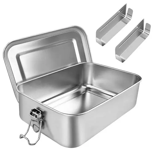 Produktbild: Diompirux 850ml Premium Lunchbox aus Edelstahl, Lunchbox Wasserdicht Auslaufsicher mit 2 verschiebbarer Trennwand, inkl Silikonring, Spülmaschinengeeignet, Brotdosen Metall für Erwachsene & Kinder