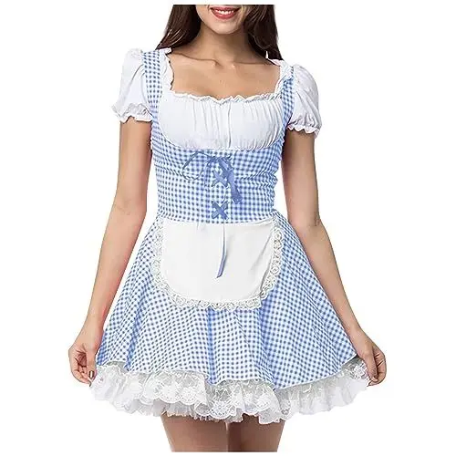 Produktbild: Dirndl Damen Kurz Rüschen Dirndl Kurzarm U Ausschnitt Trachtenkleid Damen Für Oktoberfest Besondere Anlässe Trachtenmode Kleid Schnürung A Linie Partykleider Doppellagig Plissee Trachtenrock