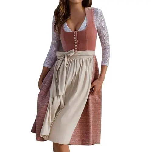 Produktbild: Dirndl Schürze Einzeln Mode Oktoberfest-Kleid Set 3 Teilig Trachtenrock Lässig Bluse Langarm Spitze Trachten Rock Braun (5-Red, XXL)
