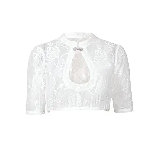 Produktbild: Dirndlparty Dirndlbluse Halbarm mit Mandarinkragen, Sexy Elastisch Dirndl Bluse Creme Spitze Blumen Trachtenbluse für Dirndl, Oktoberfest Dirndl-Bluse