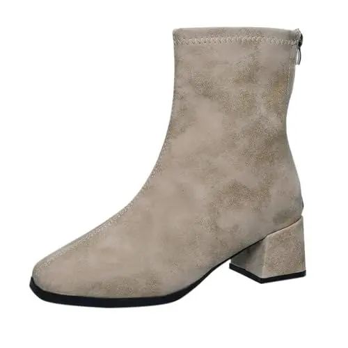 Produktbild: Dirndlschuhe Graue Stiefeletten Damen Trachten Damen Frühling und Winter Dicker Absatz Reißverschluss Große Größe Quadratischer Vielseitig Elastisch Schlank Plateau Schuhe Damen Damen (Beige, 37)