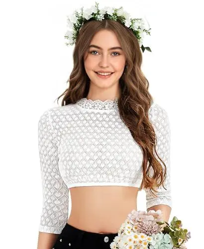 Produktbild: DIRNDLSTERN Bluse Damen Weiß - Dirndlbluse Spitze Dirndlblusen Langarm Trachtenblusen für Oktoberfest 38