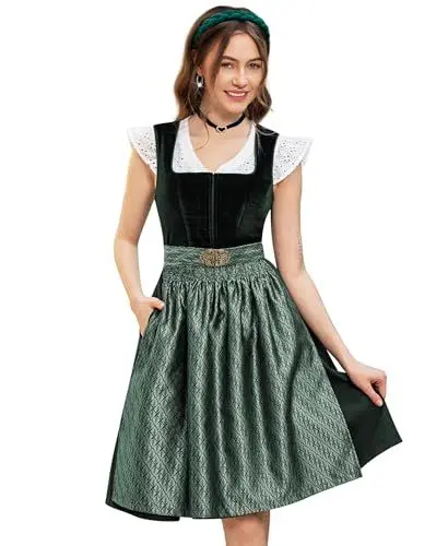 Produktbild: DIRNDLSTERN Damen Trachtenkleid Grün - Trachtenrock Midi Samt Dirndlkleid Oktoberfest Outfit mit Dirndlschürzen 36