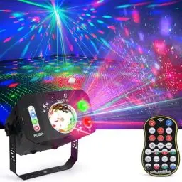 Produktbild: Discolicht Partylicht, Fwiull 7 Objektiven Disco Licht mit Fernbedienung, Discokugel mit Stroboskop, Sprachsteuerte Discolicht Partylicht mit 2M USB Kabel für Festival Halloween Weihnachten Feiertage