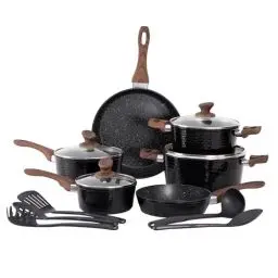 Produktbild: DishDelight Induktion Topfset 15-teiliges Kochgeschirr-Set mit Granitbeschichtung und Glasdeckeln, Induktionsgeeignet, Antihaft Aluminium Töpfe und Pfannen in Schwarz