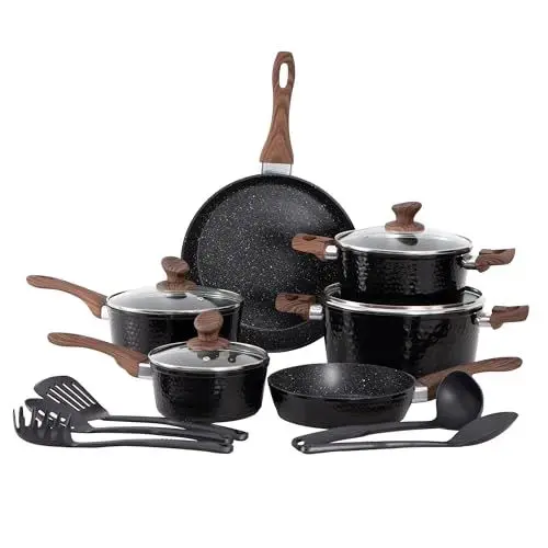Produktbild: DishDelight Induktion Topfset 15-teiliges Kochgeschirr-Set mit Granitbeschichtung und Glasdeckeln, Induktionsgeeignet, Antihaft Aluminium Töpfe und Pfannen in Schwarz