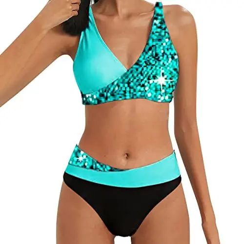 Produktbild: Dislsokrhov Bikini Damen Badeanzug Shapewear Damen Bikini Set Elegant Bikini Damen Bikini Set Sexy Badeanzug Mit Pailletten Zweiteiler Badeanzug BademodeBikini Damen SetSexy Badeanzug Grün,S