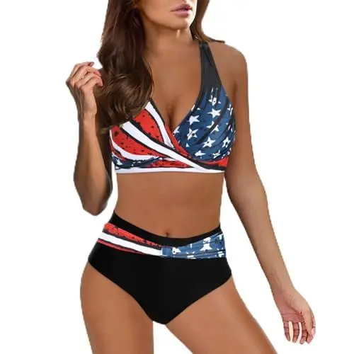 Produktbild: Dislsokrhov Bikini Damen Set Bauch Weg Damen Zweiteiliger Badeanzug V Ausschnitt überkreuztes Blumenmuster Bikini Bademode Bauchkontrolle Bikini Sets Swimsuit Zweiteiliger Badeanzug Wein, S