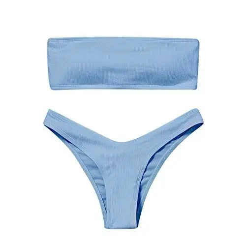 Produktbild: Dislsokrhov Bikini Damen Set Bikini High Waist Trägerlos Bikini Mit Kordelzug Sexy Bikini Set Einfarbig Zweiteiler Badeanzug Swimsuit Strandmode Strandmode Bauchweg Blau, S