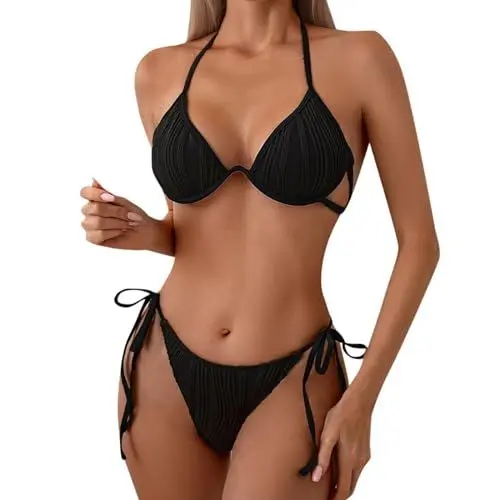 Produktbild: Dislsokrhov Bikini Damen Set Bikini Oberteil Große Brüste Damen Push up Sport Triangel Bikini Neckholder Sexy Brazilian Rückenfrei Bikinioberteil mit Polster ohne Bügel Schwarz, M