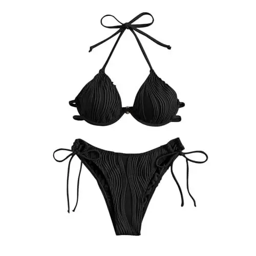 Produktbild: Dislsokrhov Bikini Damen Set Neckholder Bikinioberteil Verstellbare Bademode Unterteil Seitlicher Schnürung Zweiteiliger Badeanzug Strandmode überkreuztes Swimsuit Schwarz,XL