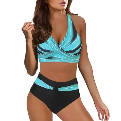 Produktbild: Dislsokrhov Bikini Damen Set high Waist Push up bauchweg Triangel Badeanzug Strand Crossover Ties-up Neckholder überkreuztes Sport bademode Bikinihose #01 Minzgrün,XXL