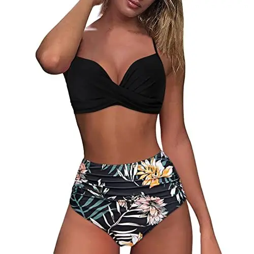 Produktbild: Dislsokrhov Bikini Damen Set high Waist Push up bauchweg sexy Crossover Ties-up Neckholder bikiniohose gedruckt bademode Wende-Slip Zweiteiliger Badeanzug #11 Gelb,XXL