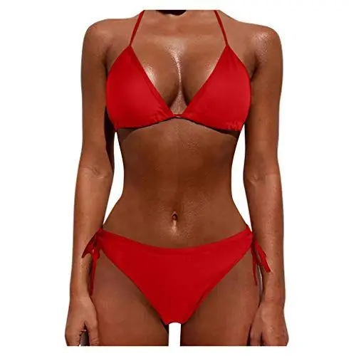 Produktbild: Dislsokrhov Bikini Damen Wickeloptik Neckholder Push Up Bademode Set Badeanzug Damen Große Größe Badeanzug Beachwear Zweiteiler Mode Tankinis Mit Pads Badekleid Damen Badeanzug FüR Mollige Rot,L