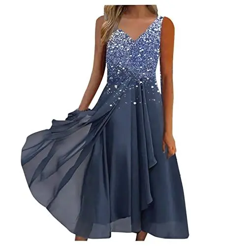 Produktbild: Dislsokrhov Damen Abendkleid Elegant Ballkleid A-Line Swing Cocktail Kleid Midilang MiniKleid Sommerkleid Wickelkleid Clubwear Frauen Tunika Abiballkleider für Cocktail Hochzeit Party Blau,XL