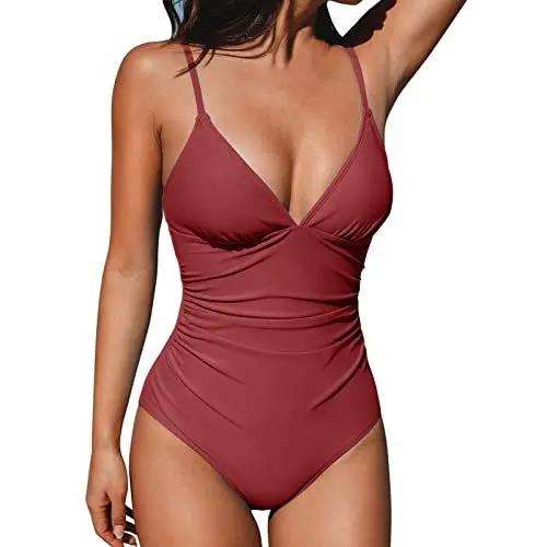 Produktbild: Dislsokrhov Damen Badeanzug Badeanzüge Einteilige Bauchweg V-Ausschnitt Rückenfrei Halter Bademode Swimsuit Große Größe Swimsuit Raffungen Einteilige Bademode Swimsuit Damen Badeanzug Rot,XXL