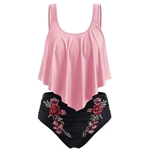 Produktbild: Dislsokrhov Damen Badeanzug Casual Tummy Control Top Mit Shorts Zweiteiler Farbverlauf Gestreift Bikini Sets Swimsuit Gepolsterte Bademode Beachwear Strandshorts Damen Rosa, L