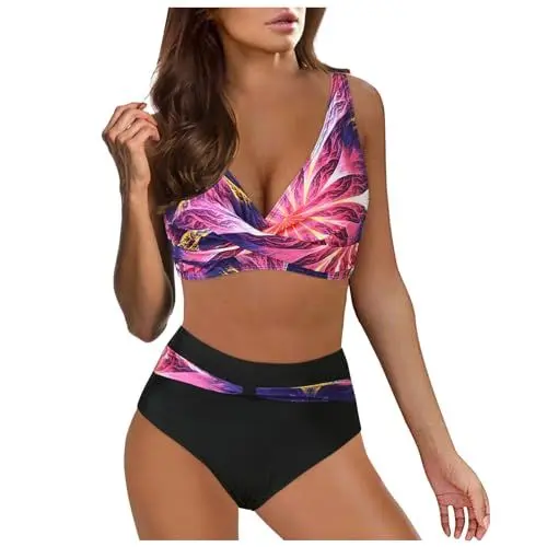 Produktbild: Dislsokrhov Damen Bandeau Bikini Set sexy high Waist bademode Push up Badeanzug gepolstert Retro Tankini Bikini Set Badeanzug Push Up Swimsuit Zweiteiliger Badeanzug Lila, M